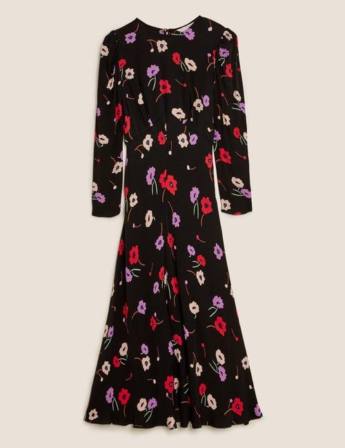 Siyah Çiçek Desenli Maxi Elbise