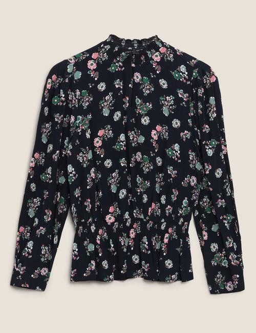 Lacivert Çiçek Desenli Dik Yakalı Bluz