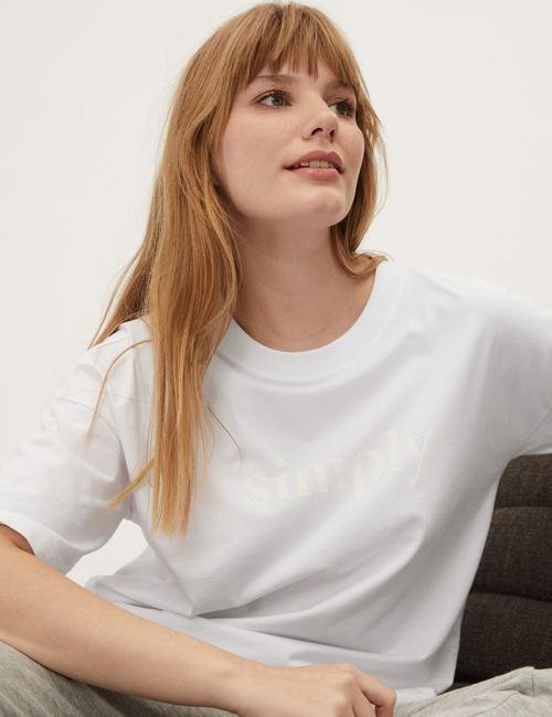 Beyaz Saf Pamuklu Slogan T-Shirt