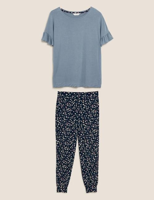 Mavi Fırfırlı Kollu Pijama Takımı