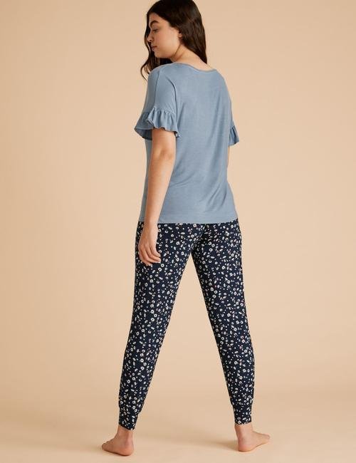 Mavi Fırfırlı Kollu Pijama Takımı