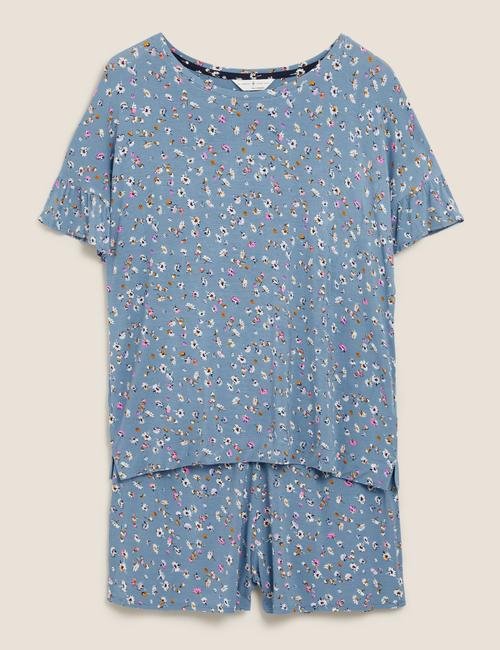 Mavi Çiçek Desenli Şortlu Pijama Takımı