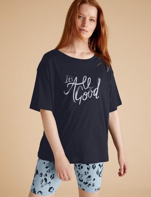 Lacivert Sloganlı Şortlu Pijama Takımı
