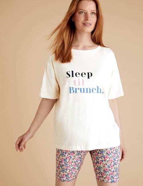 Pembe Sloganlı Şortlu Pijama Takımı