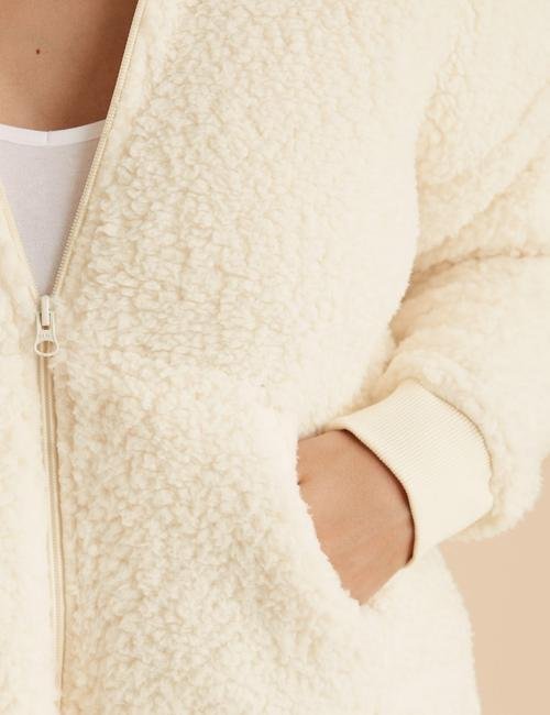 Krem Kapüşonlu Polar Sweatshirt