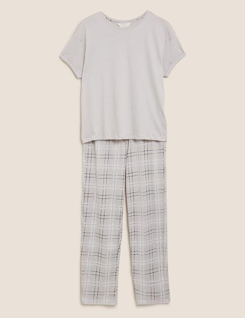 Gri Saf Pamuklu Ekose Pijama Takımı