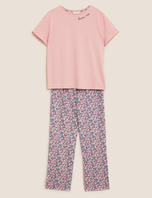 Pembe Saf Pamuklu Desenli Pijama Takımı