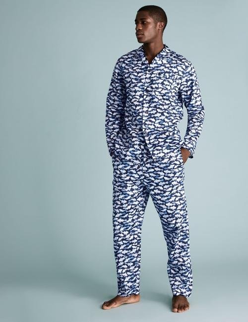 Lacivert Saf Pamuklu Desenli Pijama Takımı