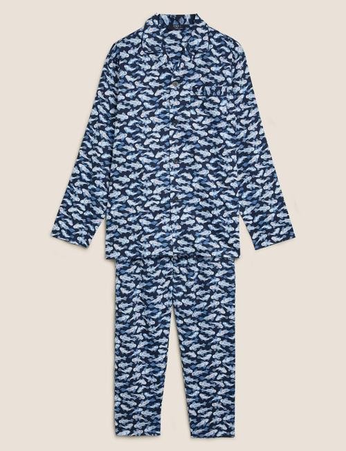 Lacivert Saf Pamuklu Desenli Pijama Takımı