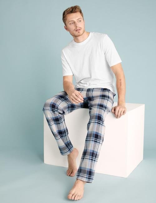 Mavi Saf Pamuklu Ekose Pijama Altı