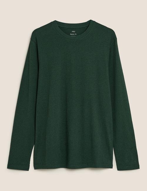 Yeşil Saf Pamuklu Uzun Kollu T-Shirt