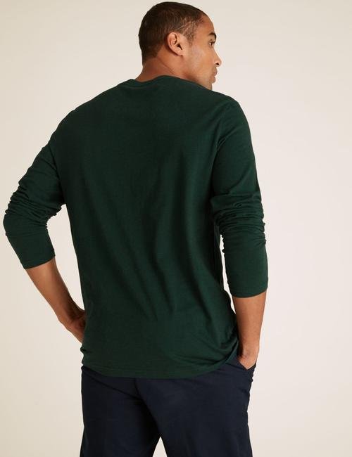 Yeşil Saf Pamuklu Uzun Kollu T-Shirt