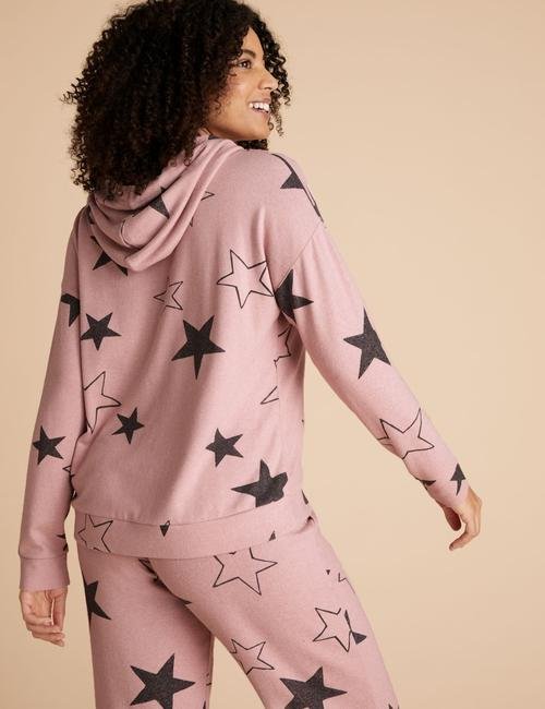 Pembe Yıldız Desenli Kapüşonlu Pijama Üstü