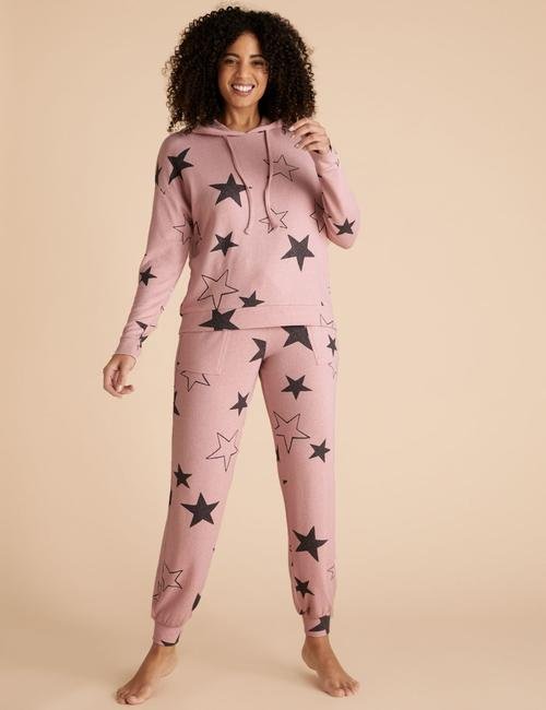 Pembe Yıldız Desenli Kapüşonlu Pijama Üstü