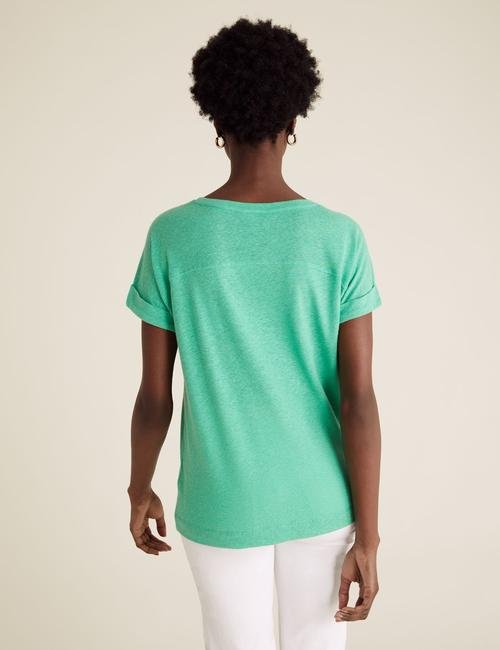 Yeşil Straight Fit Keten T-Shirt