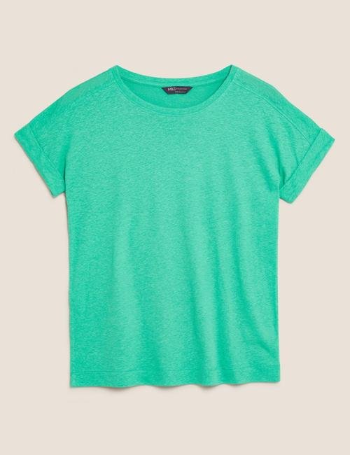 Yeşil Straight Fit Keten T-Shirt