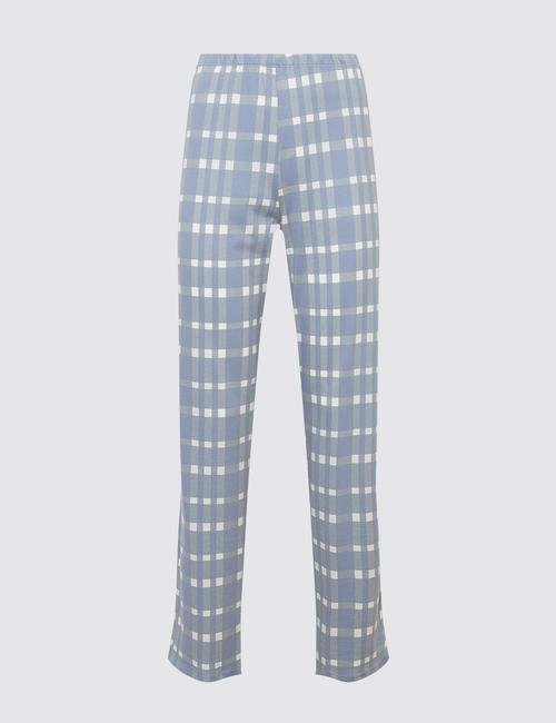 Mavi Saf Pamuklu Ekose Pijama Takımı
