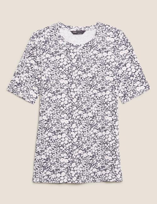 Lacivert Saf Pamuklu Çiçek Desenli T-Shirt