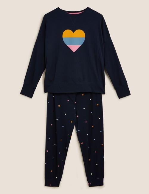 Lacivert Kalp Desenli Pijama Takımı