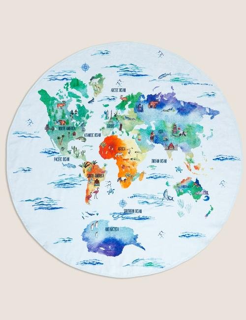 Mavi Saf Pamuklu Dünya Haritası Desenli Havlu