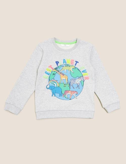 Gri Dünya Baskılı Sweatshirt