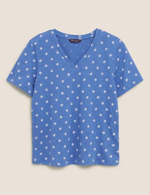 Mavi Desenli V Yaka T-Shirt