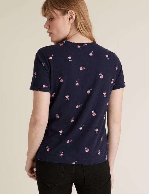 Lacivert Çiçek Desenli T-Shirt