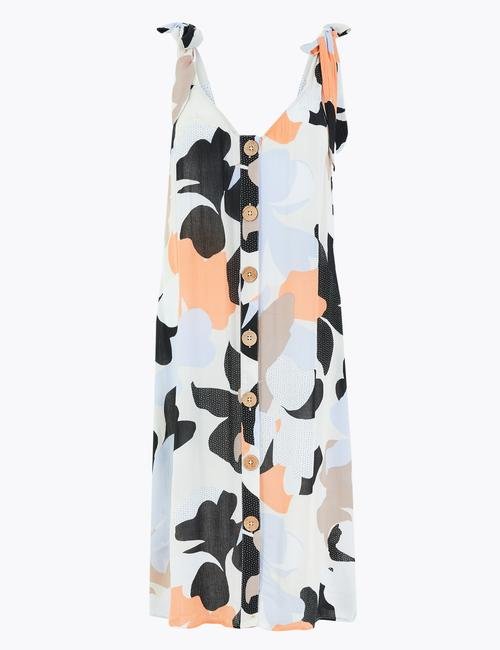 Turuncu Çiçek Desenli Midi Elbise