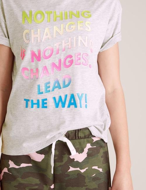 Gri Organik Pamuklu Slogan Baskılı T-Shirt