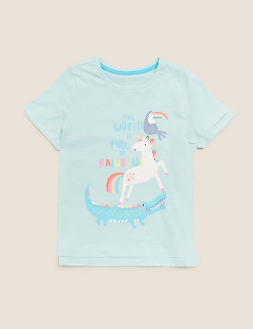 Mavi Organik Pamuklu Unicorn Desenli T-Shirt