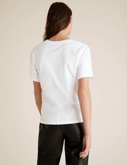 Beyaz Pamuklu Slogan Desenli T-Shirt