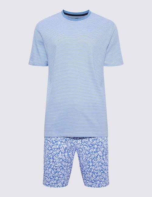 Mavi Çizgili Şortlu Pijama Takımı