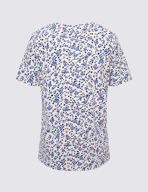 Mavi Kısa Kollu Çiçek Desenli T-Shirt
