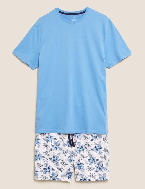 Mavi Saf Pamuklu Hibiscus Desenli Pijama Takımı