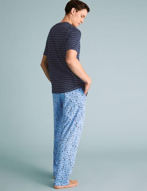 Mavi Saf Pamuklu Hayvan Desenli Pijama Takımı