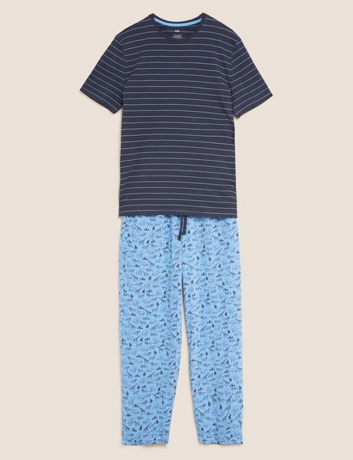 Mavi Saf Pamuklu Hayvan Desenli Pijama Takımı