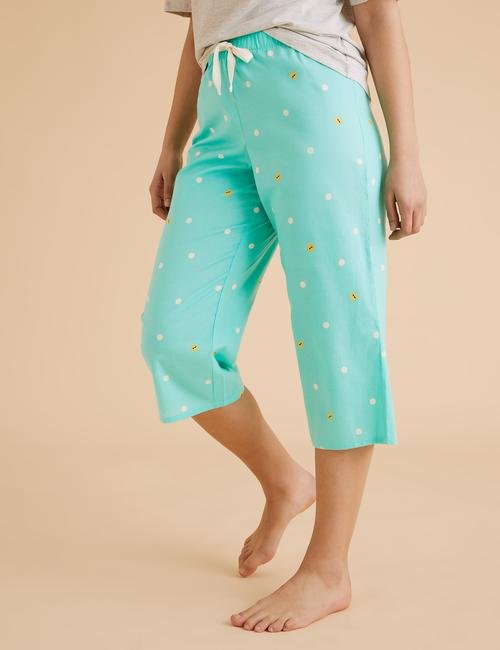 Yeşil Pamuklu Desenli Kısa Crop Pijama Altı