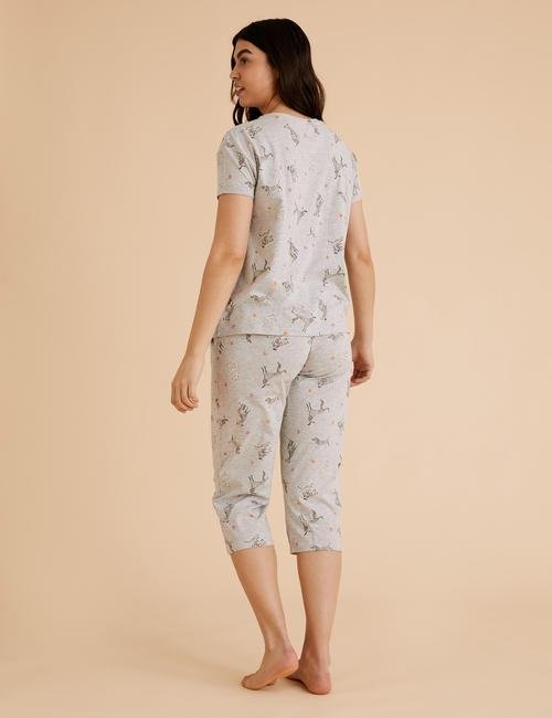 Gri Köpek Desenli Crop Pijama Takımı