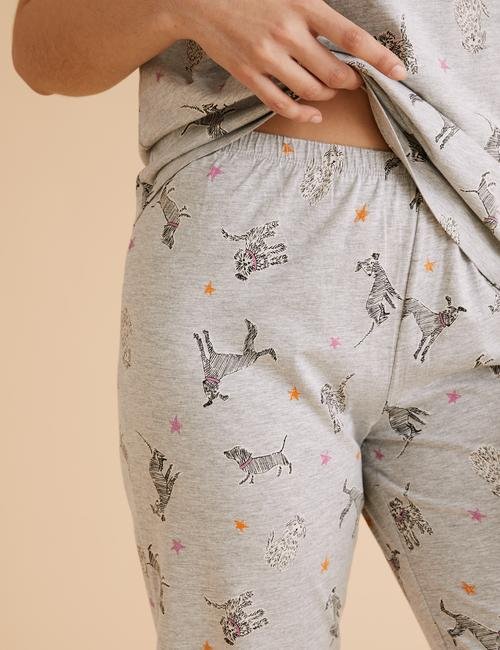 Gri Köpek Desenli Crop Pijama Takımı