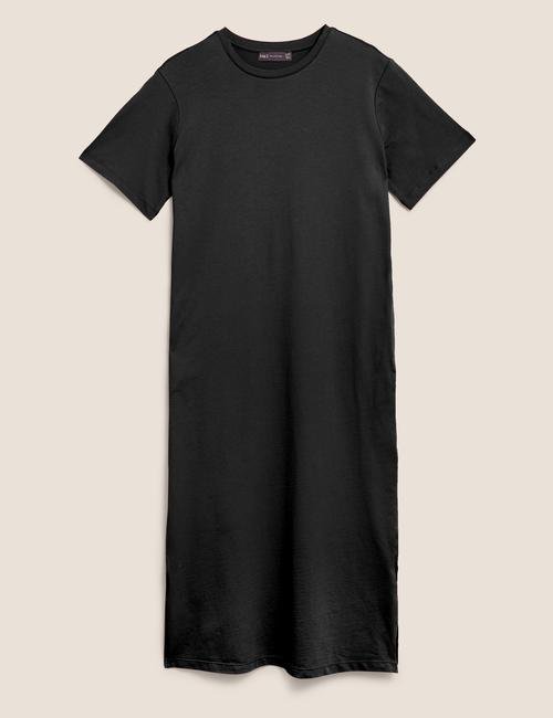 Siyah Pamuklu Yuvarlak Yaka Midi T-Shirt Elbise