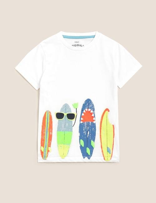 Beyaz Organik Pamuklu Sörf Desenli T-Shirt