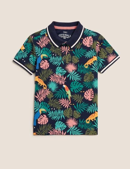 Lacivert Tropical Desenli Polo Yaka T-Shirt