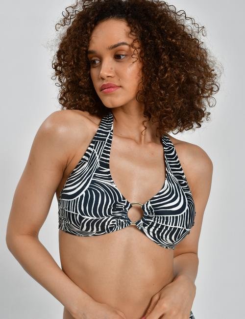 Siyah Zebra Desenli Halka Detaylı Bikini Üstü