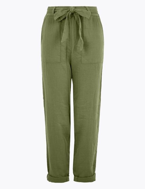 Yeşil Pamuklu Tapered Ankle Grazer Pantolon