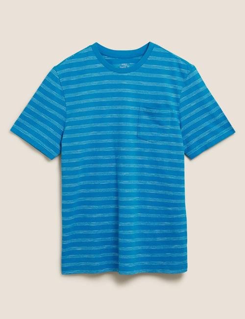 Mavi Saf Pamuklu Çizgili T-Shirt