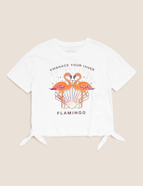 Beyaz Flamingo Desenli T-Shirt