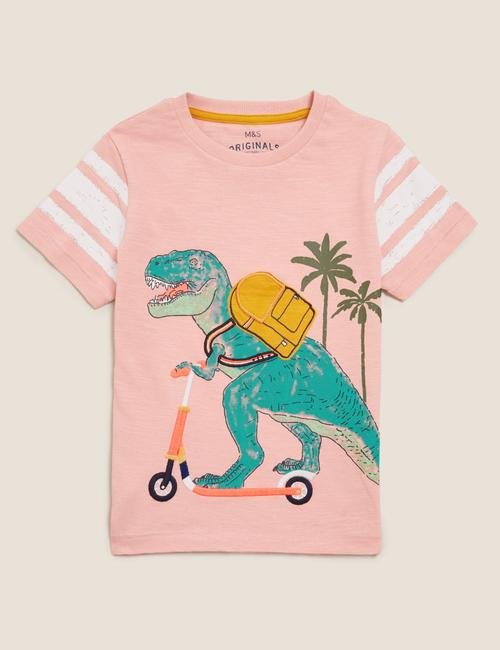 Pembe Saf Pamuklu Dinozor Desenli T-Shirt (2-7 Yaş)
