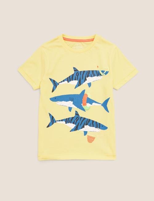 Sarı Saf Pamuklu Köpekbalığı Desenli T-Shirt (2-7 Yaş)