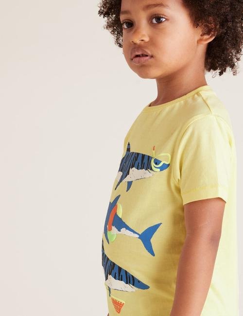 Sarı Saf Pamuklu Köpekbalığı Desenli T-Shirt (2-7 Yaş)