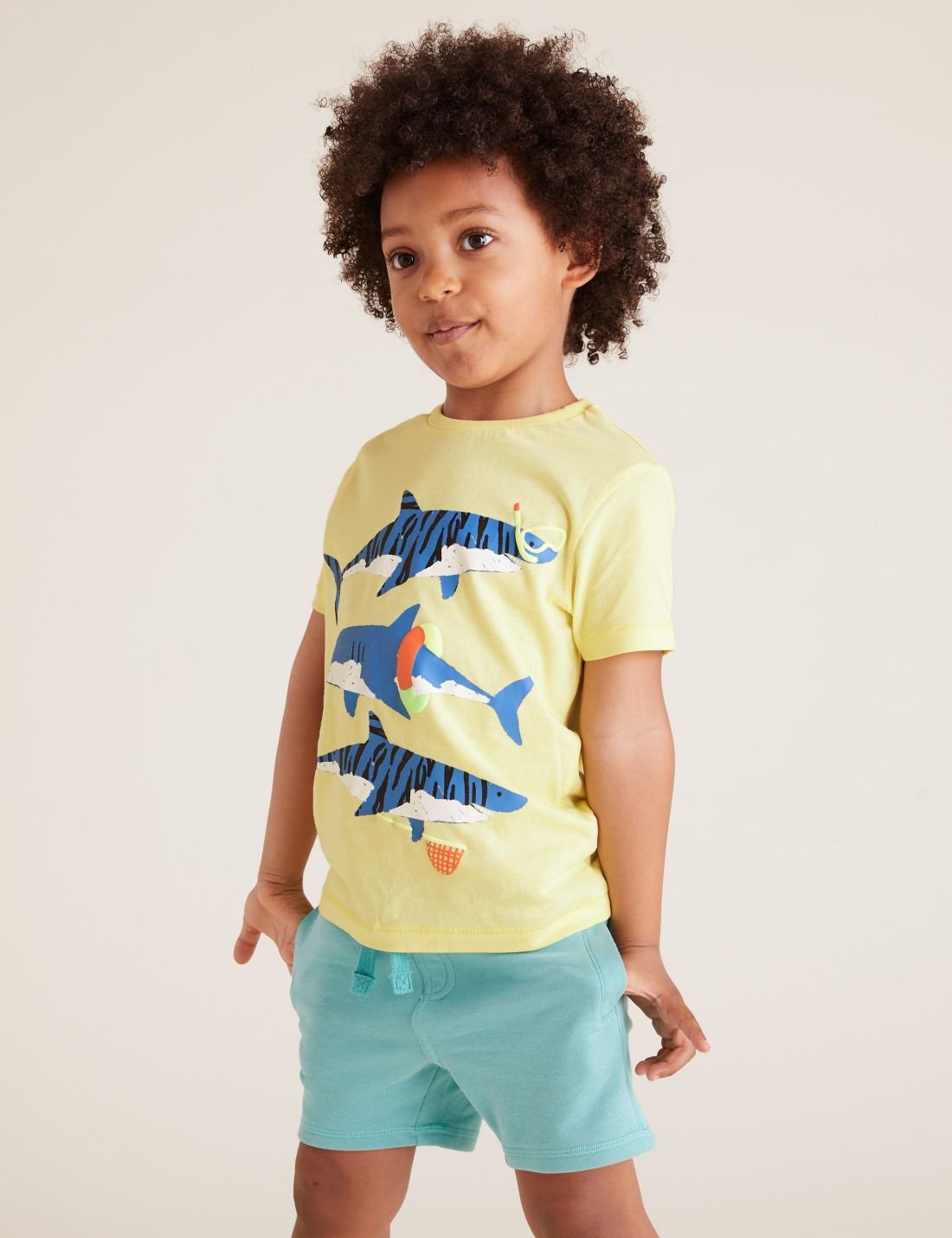 Saf Pamuklu Köpekbalığı Desenli T-Shirt (2-7 Yaş)